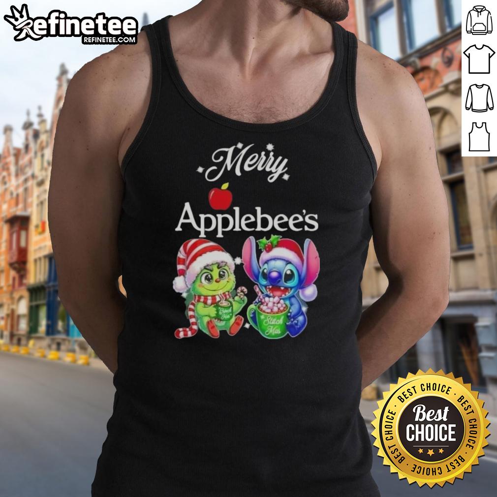 Alt Text: Premium Baby Grinch and Stitch X Applebee's Merry Christmas tank top featuring festive designs for holiday celebrations.