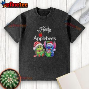 Alt Text: Premium Baby Grinch and Stitch X Applebee's Merry Christmas washed t-shirt featuring festive graphics for holiday cheer.
