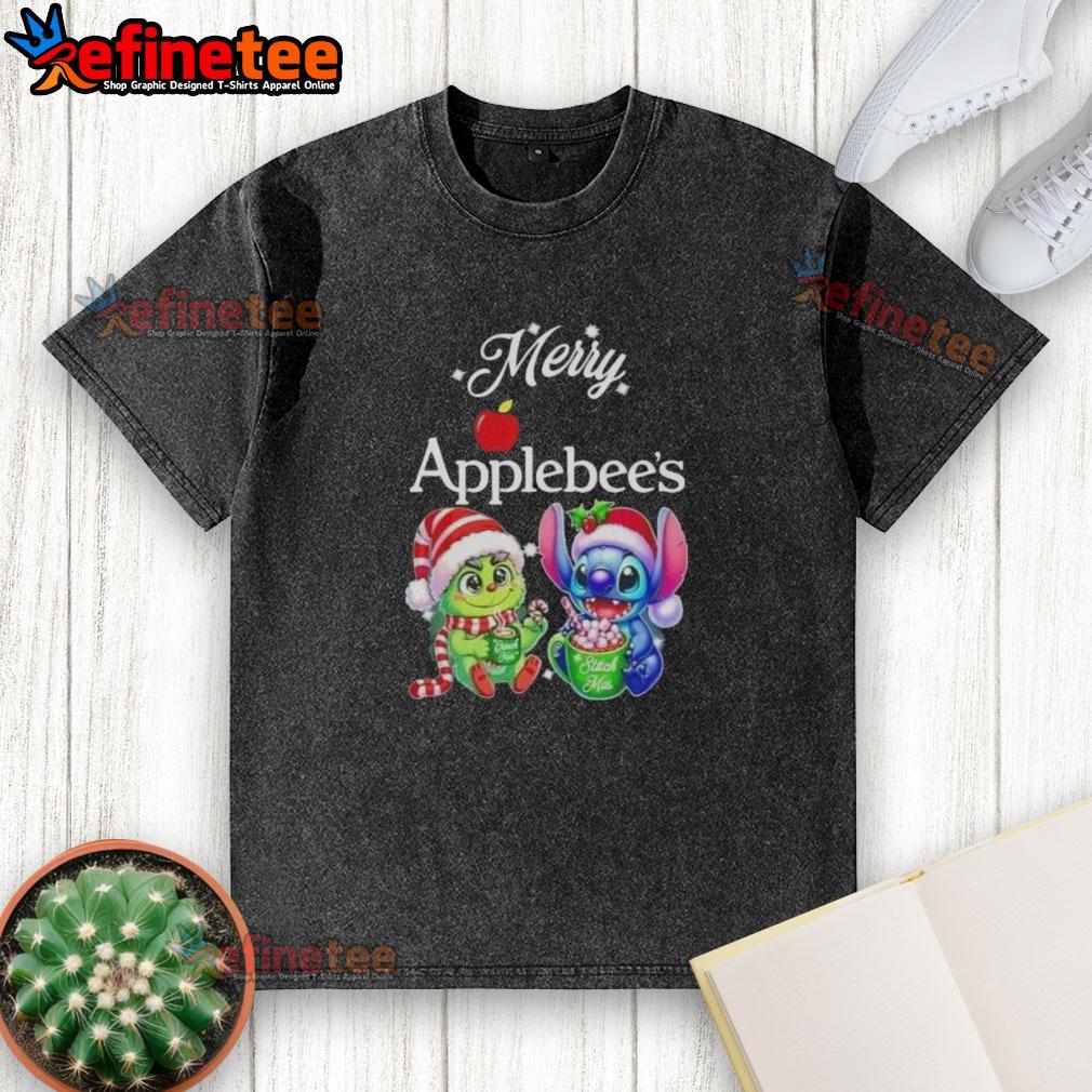 Alt Text: Premium Baby Grinch and Stitch X Applebee's Merry Christmas washed t-shirt featuring festive graphics for holiday cheer.