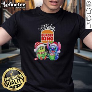 Alt Text: Premium Baby Grinch and Stitch X Burger King Merry Christmas T-Shirt design featuring festive graphics and vibrant colors.