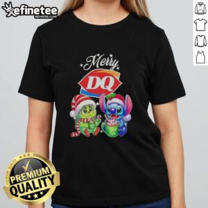 Premium Baby Grinch and Stitch X Dairy Queen Merry Christmas ladies tee featuring festive designs and vibrant colors.