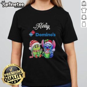 Premium Baby Grinch and Stitch X Dominos Merry Christmas Ladies Tee featuring festive designs and vibrant colors.