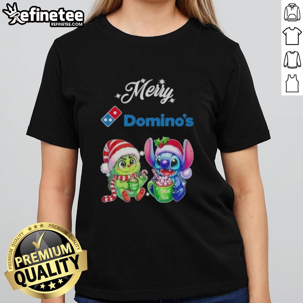 Premium Baby Grinch and Stitch X Dominos Merry Christmas Ladies Tee featuring festive designs and vibrant colors.