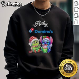 Premium Baby Grinch and Stitch X Dominos Merry Christmas Sweatshirt featuring festive designs for holiday cheer.