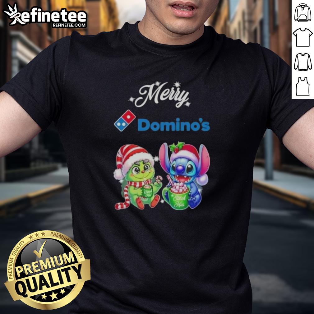 Alt Text: Premium Baby Grinch and Stitch X Domino's Merry Christmas T-Shirt featuring festive graphics for holiday cheer.