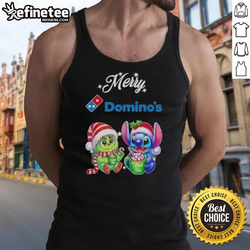 Premium Baby Grinch and Stitch X Dominos Merry Christmas tank top featuring festive designs for holiday celebrations.