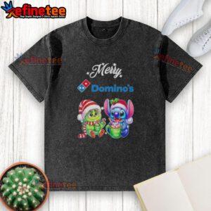 Premium Baby Grinch and Stitch X Dominos Merry Christmas T-Shirt for kids, featuring vibrant holiday-themed designs.