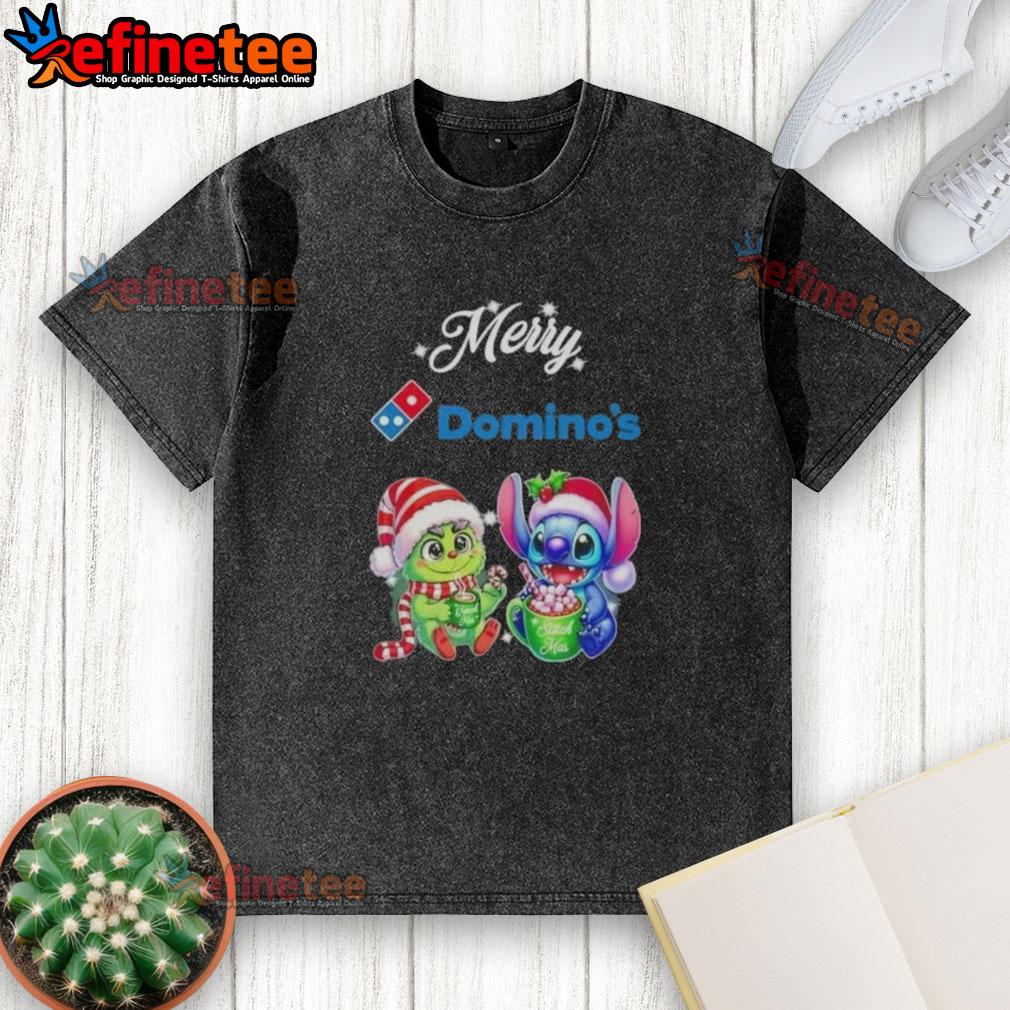 Premium Baby Grinch and Stitch X Dominos Merry Christmas T-Shirt for kids, featuring vibrant holiday-themed designs.