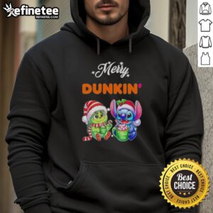 Alt Text: Premium Baby Grinch and Stitch X Dunkin Merry Christmas Hoodie featuring festive designs for cozy holiday wear.
