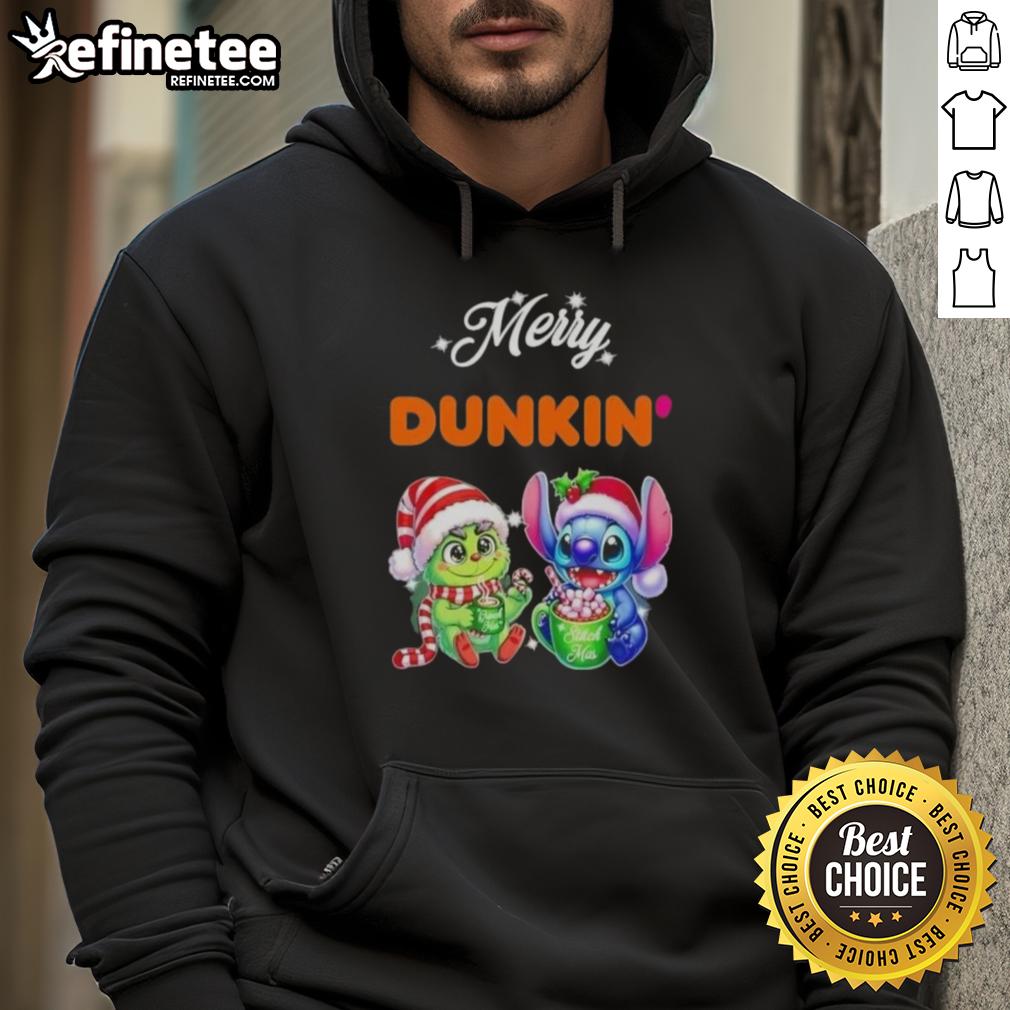 Alt Text: Premium Baby Grinch and Stitch X Dunkin Merry Christmas Hoodie featuring festive designs for cozy holiday wear.