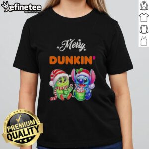 Premium Baby Grinch and Stitch X Dunkin Merry Christmas Ladies Tee featuring festive design for holiday cheer.