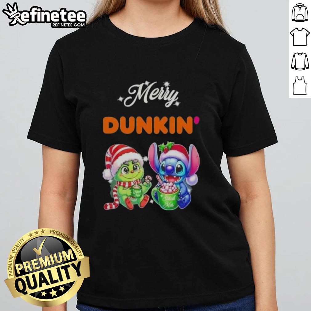 Premium Baby Grinch and Stitch X Dunkin Merry Christmas Ladies Tee featuring festive design for holiday cheer.