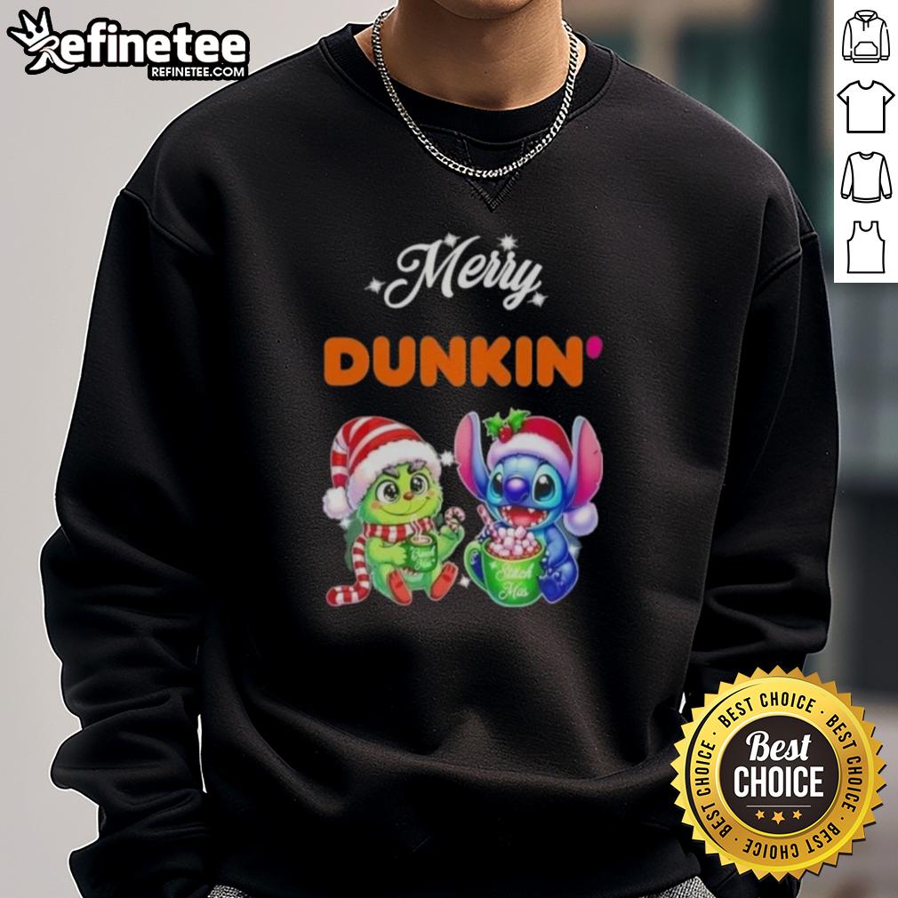 Alt Text: Premium Baby Grinch and Stitch X Dunkin Merry Christmas Sweatshirt featuring festive graphics for the holiday season.