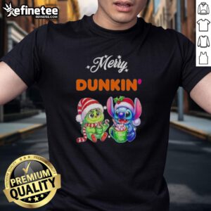 Alt Text: Premium Baby Grinch and Stitch X Dunkin' Merry Christmas T-Shirt featuring festive graphics for holiday cheer.