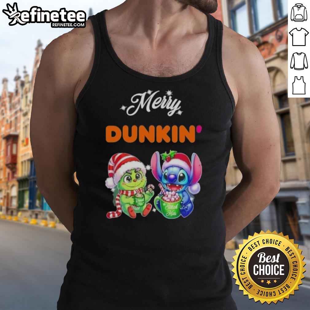 Premium Baby Grinch and Stitch X Dunkin Merry Christmas tank top, perfect for festive holiday wear.