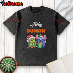 Alt Text: Premium Baby Grinch and Stitch X Dunkin Merry Christmas washed t-shirt featuring festive graphics and vibrant colors.