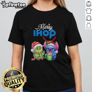 Premium Baby Grinch and Stitch x IHOP Merry Christmas ladies tee featuring festive designs and vibrant colors.