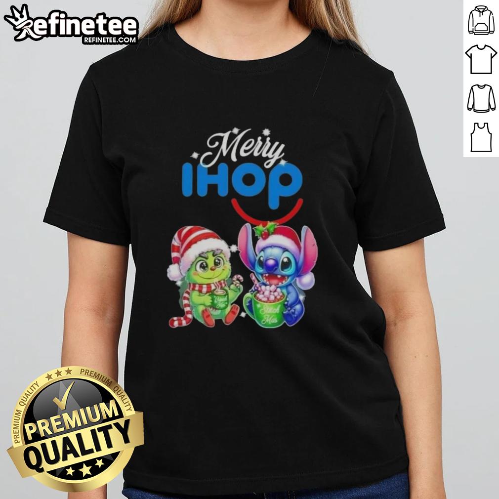 Premium Baby Grinch and Stitch x IHOP Merry Christmas ladies tee featuring festive designs and vibrant colors.