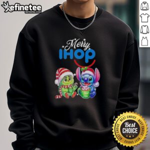 Alt Text: Premium Baby Grinch and Stitch x IHOP Merry Christmas Sweatshirt featuring festive designs for kids' holiday wear.