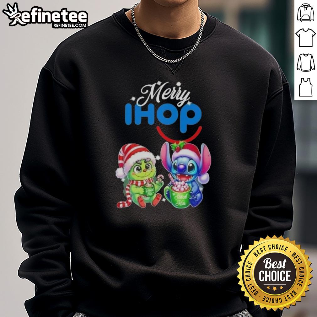 Alt Text: Premium Baby Grinch and Stitch x IHOP Merry Christmas Sweatshirt featuring festive designs for kids' holiday wear.