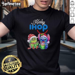Premium Baby Grinch and Stitch X IHOP Merry Christmas T-Shirt featuring festive graphics for holiday cheer.