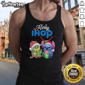 Premium Baby Grinch and Stitch X IHOP Merry Christmas tank top featuring festive characters and vibrant holiday colors.