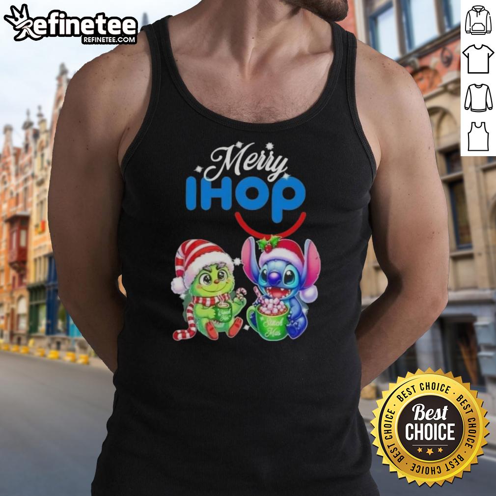 Premium Baby Grinch and Stitch X IHOP Merry Christmas tank top featuring festive characters and vibrant holiday colors.