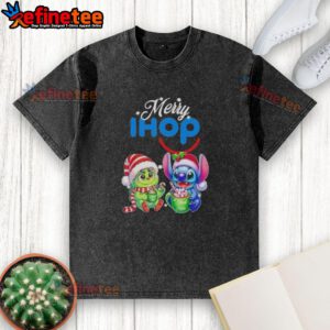 Premium Baby Grinch and Stitch x IHOP Merry Christmas washed t-shirt featuring festive graphics for holiday cheer.