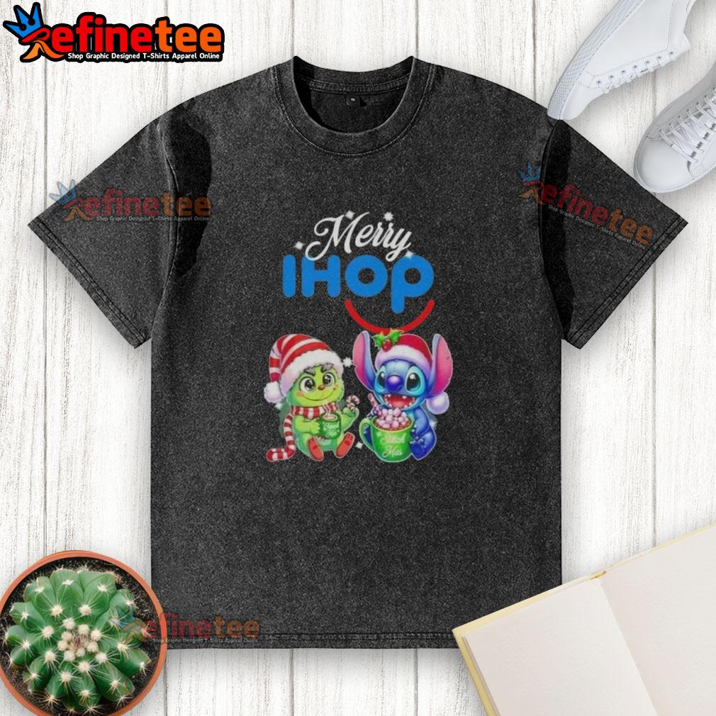 Premium Baby Grinch and Stitch x IHOP Merry Christmas washed t-shirt featuring festive graphics for holiday cheer.