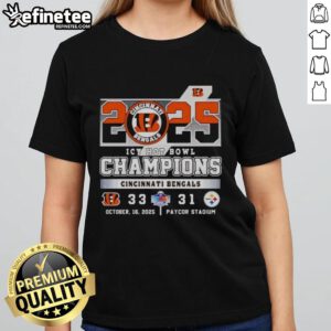 Alt Text: Premium Cincinnati Bengals vs Pittsburgh Steelers Icy Hot Bowl Champions 2025 Ladies Tee showcasing team pride.