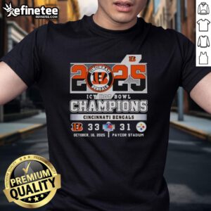 Premium Cincinnati Bengals vs Pittsburgh Steelers Icy Hot Bowl Champions 2025 T-Shirt featuring bold team logos and vibrant colors.