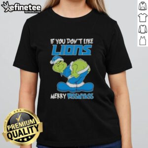 Premium Grinch 'If You Don't Like Detroit Lions Merry Kissmyass' ladies tee featuring a festive design and vibrant colors.