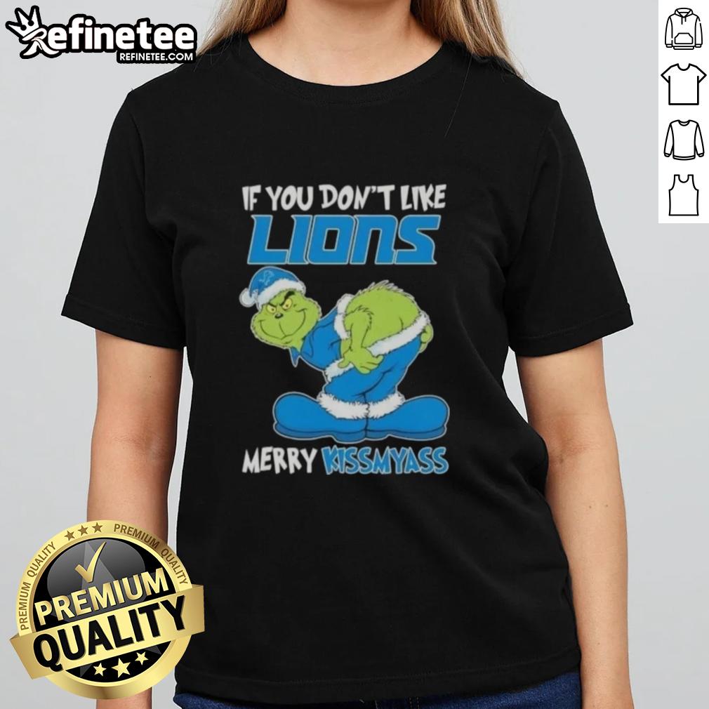 Premium Grinch 'If You Don't Like Detroit Lions Merry Kissmyass' ladies tee featuring a festive design and vibrant colors.