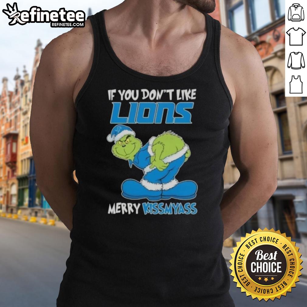 Alt Text: Premium Grinch tank top with If You Don't Like Detroit Lions, Merry Kiss My Ass design in festive colors.