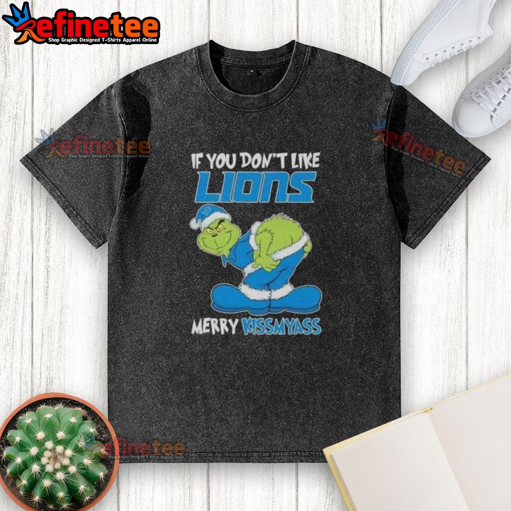 Premium Grinch 'If You Don't Like Detroit Lions, Merry Kiss My Ass' washed t-shirt for passionate NFL fans.