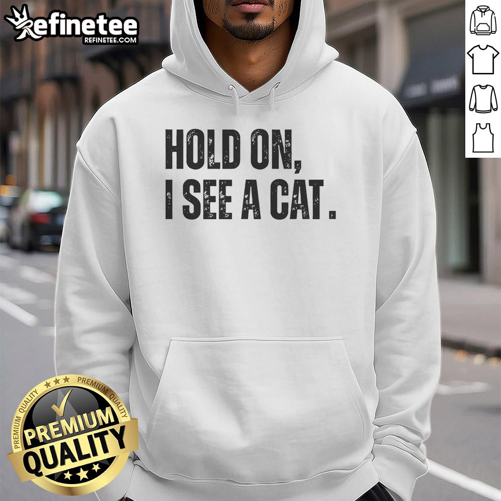 Premium Hold On I See A Cat Lover Pet Parent Humor Hoodie in cozy design, perfect for cat enthusiasts and pet lovers.