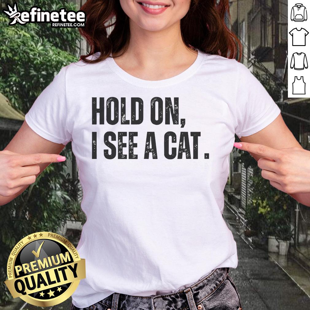 Premium Hold On I See A Cat Lover Pet Parent Humor Ladies Tee featuring a playful cat graphic and witty text.