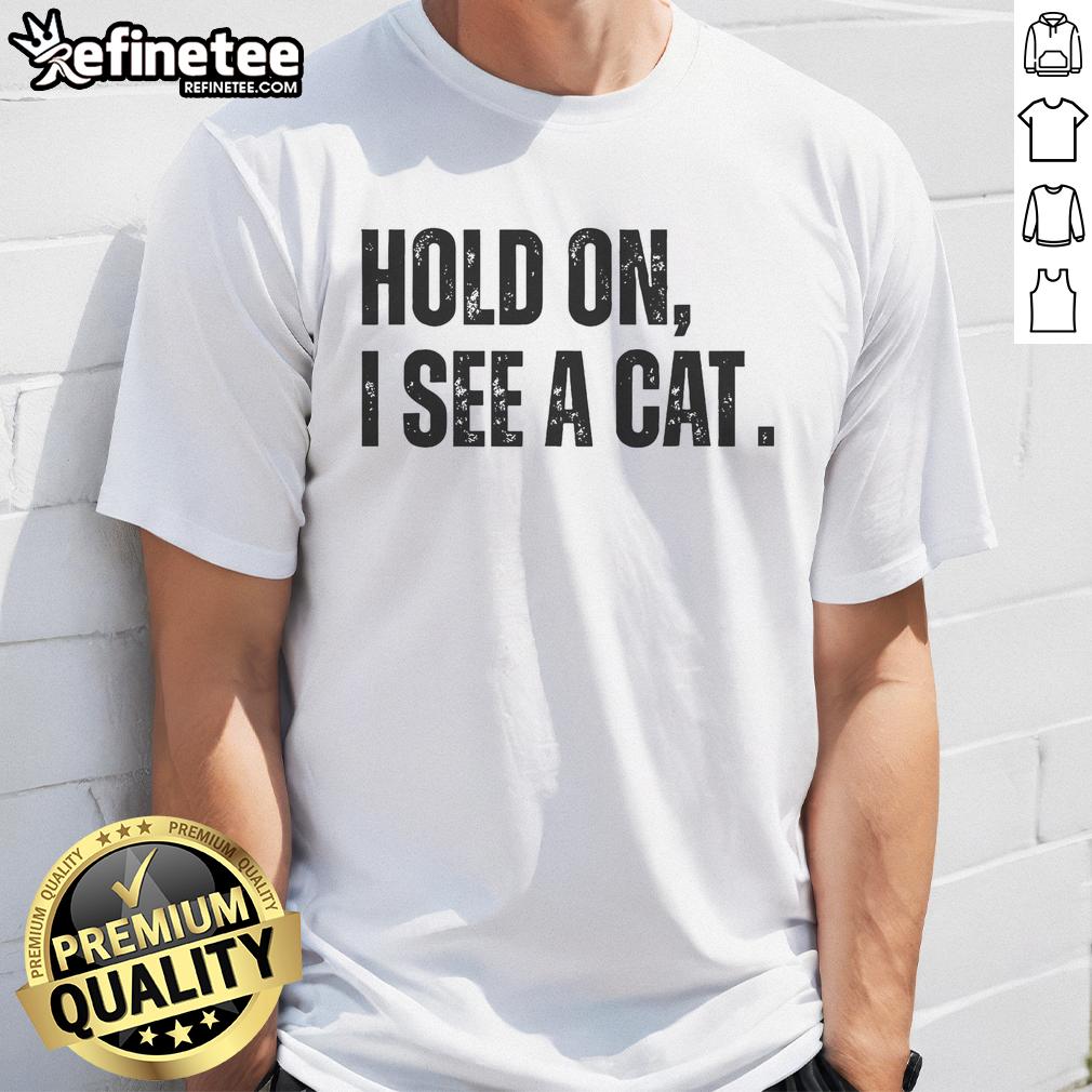 Alt Text: Premium Hold On I See A Cat Lover T-Shirt featuring humorous pet parent design with a playful cat illustration.