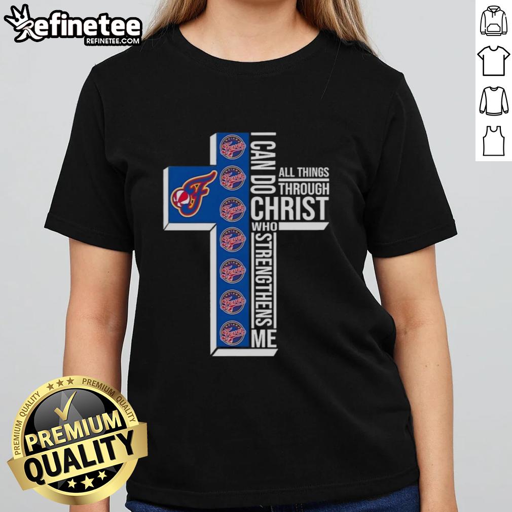 Premium Indiana Fever women's tee featuring 'I Can Do All Things Through Christ Who Strengthens Me' design.
