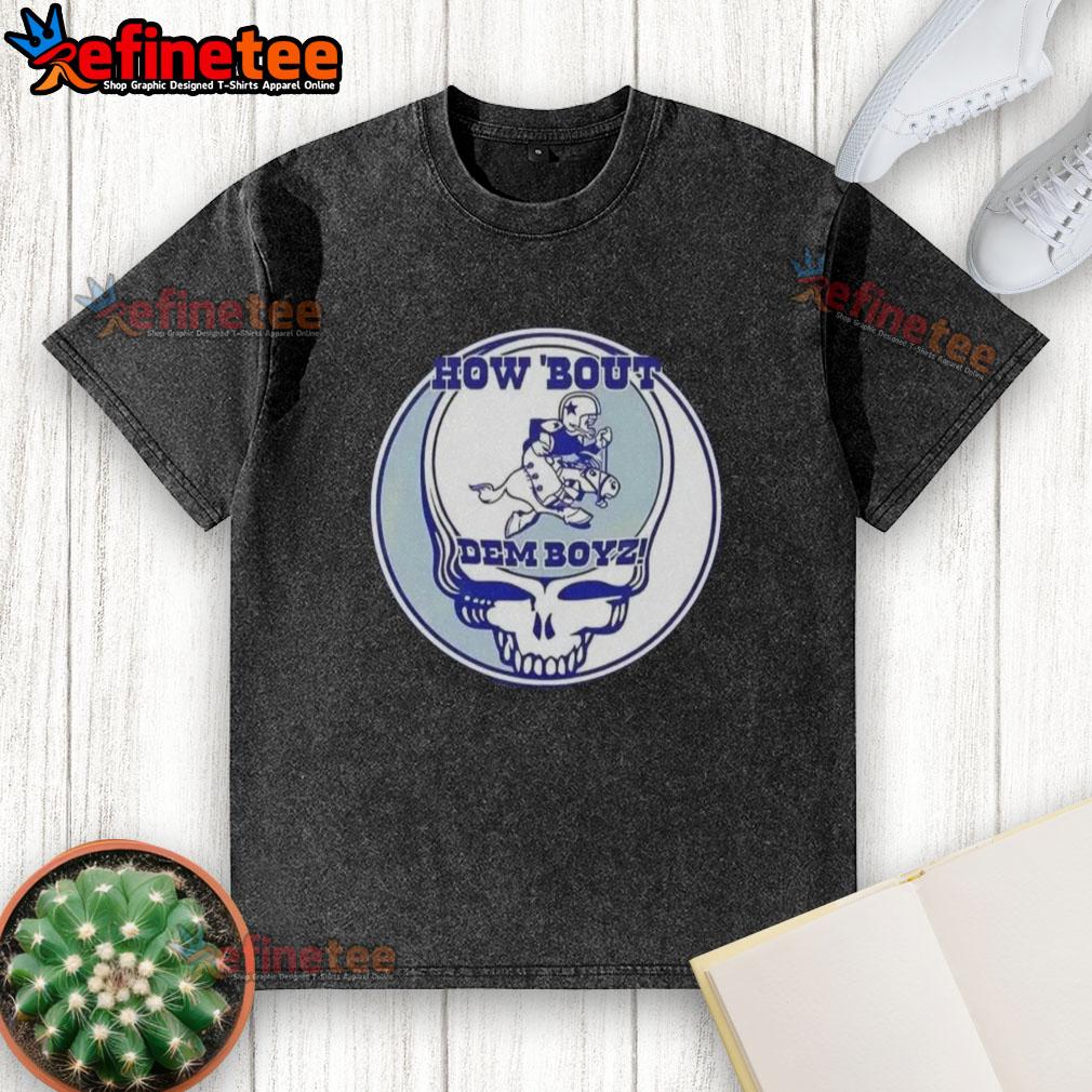 Alt Text: Premium NFL Dallas Cowboys Grateful Dead Stealie washed t-shirt featuring iconic Steal Your Face logo and team colors.