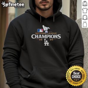 Alt Text: Premium National League Champions 2025 Los Angeles Dodgers logo hoodie displayed on a wooden background.