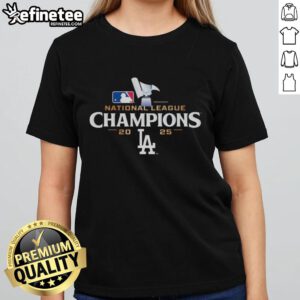 Premium National League Champions 2025 Los Angeles Dodgers logo on a stylish ladies tee shirt.