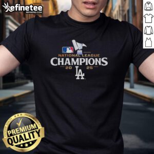 Alt Text: Premium National League Champions 2025 Los Angeles Dodgers logo t-shirt showcasing team pride and championship spirit.