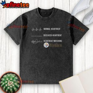Premium Pittsburgh Steelers washed t-shirt featuring normal and deceased heartbeat graphics for fans.