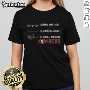 Alt Text: Premium tee featuring heartbeat design for San Francisco 49ers fans, perfect for ladies showing team spirit.