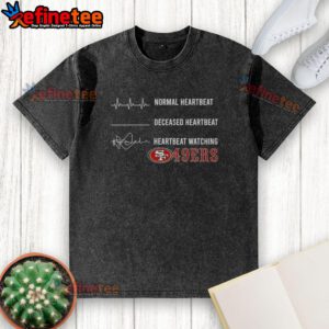 Alt Text: Premium San Francisco 49ers washed t-shirt featuring normal and deceased heartbeat graphic design.