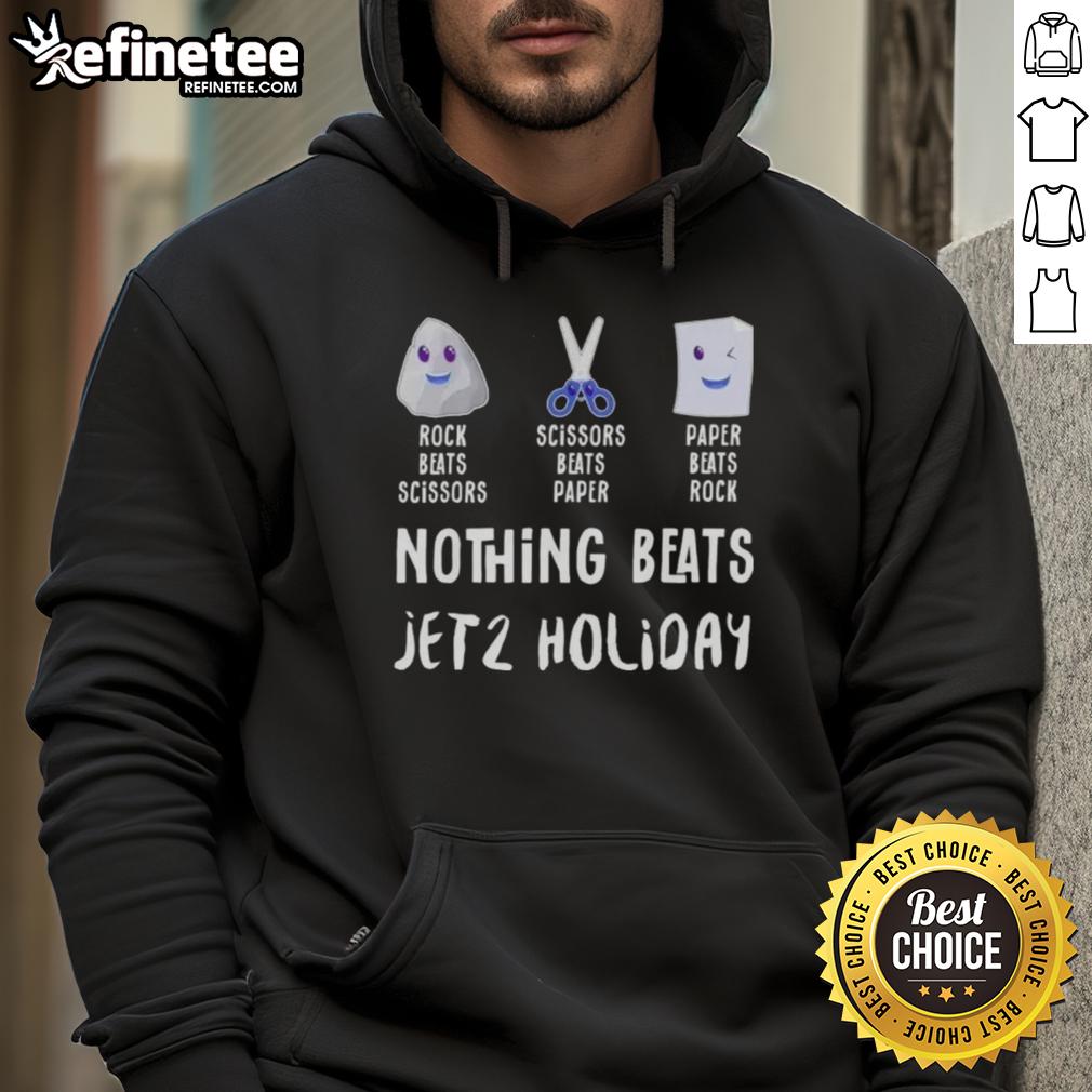 Alt Text: Premium Nothing Beats Jet 2 hoodie featuring a fun 'Rock-Paper-Scissors' design, perfect for casual wear.