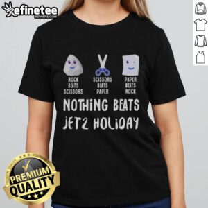 Alt Text: Premium Nothing Beats Jet 2 holiday tee for ladies featuring rock, paper, scissors design in vibrant colors.