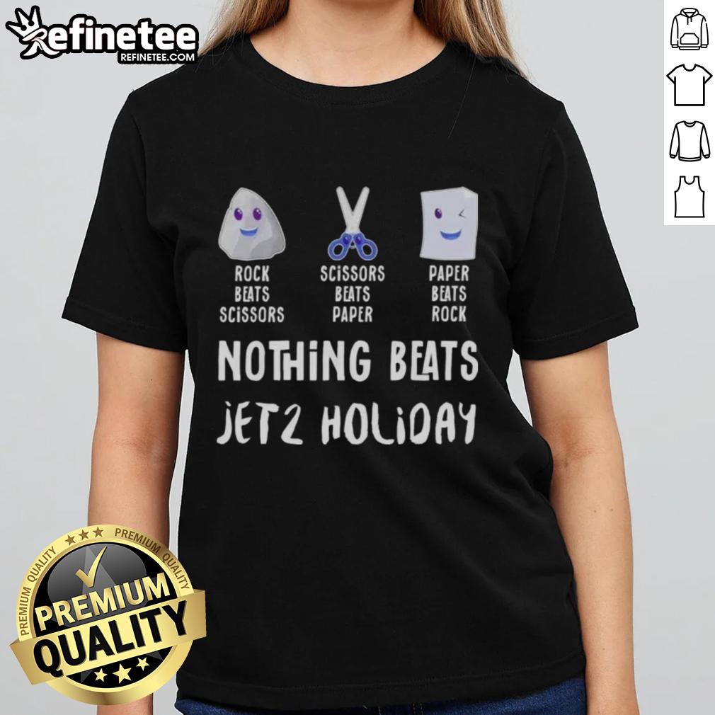 Alt Text: Premium Nothing Beats Jet 2 holiday tee for ladies featuring rock, paper, scissors design in vibrant colors.