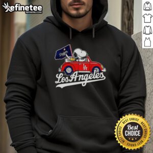 Premium Snoopy and Woodstock hoodie featuring Volkswagen Beetle design for Los Angeles Dodgers baseball fans.